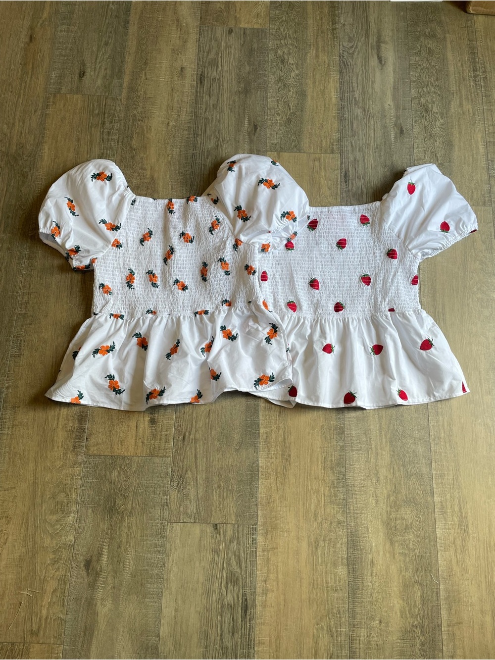 Women’s 2 White Smocked Embroidered Peplum Tops with Fruit and Flower Print